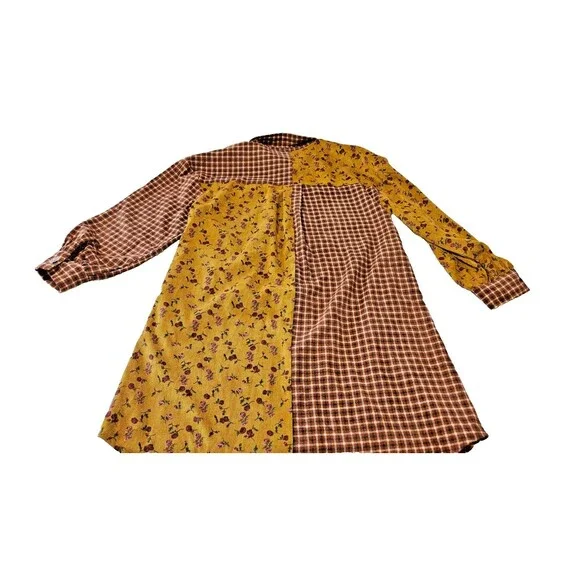 GiGio Shirt Women's Yellow Brown Patchwork Floral Plaid Top, Large - Picture 2 of 10